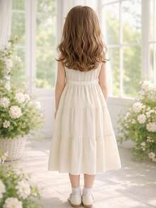 Đầm maxi không tay màu trắng kem cho bé gái, cổ bèo nhún + nơ thắt eo, chân váy xòe, thích hợp cho đi chơi và mặc hàng ngày. - Màu be - Xem 2