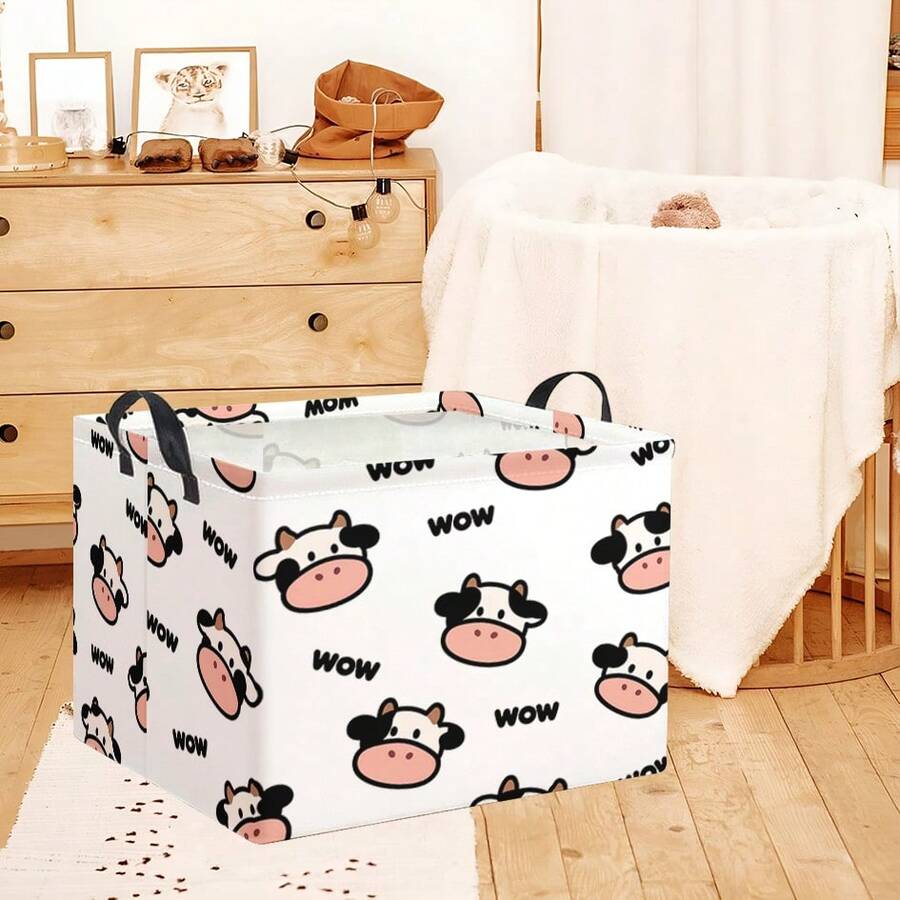 1PC Cute Cartoon Cow Pattern Foldable Storage Basket With Handle, Large Capacity Storage Box, For Closet Organization, Cute Home Decoration Storage Box - Multicolor - View 1