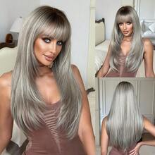 NICKY WALL 24 Inch Layered Gray Ombre Wigs For Women Long Straight Dark Roots Wigs With Bangs, High Density Fluffy Synthetic Heat Resistant Fiber Hair Wig For Daily Wear,Festival Party Use - Gray Ombre - View 12