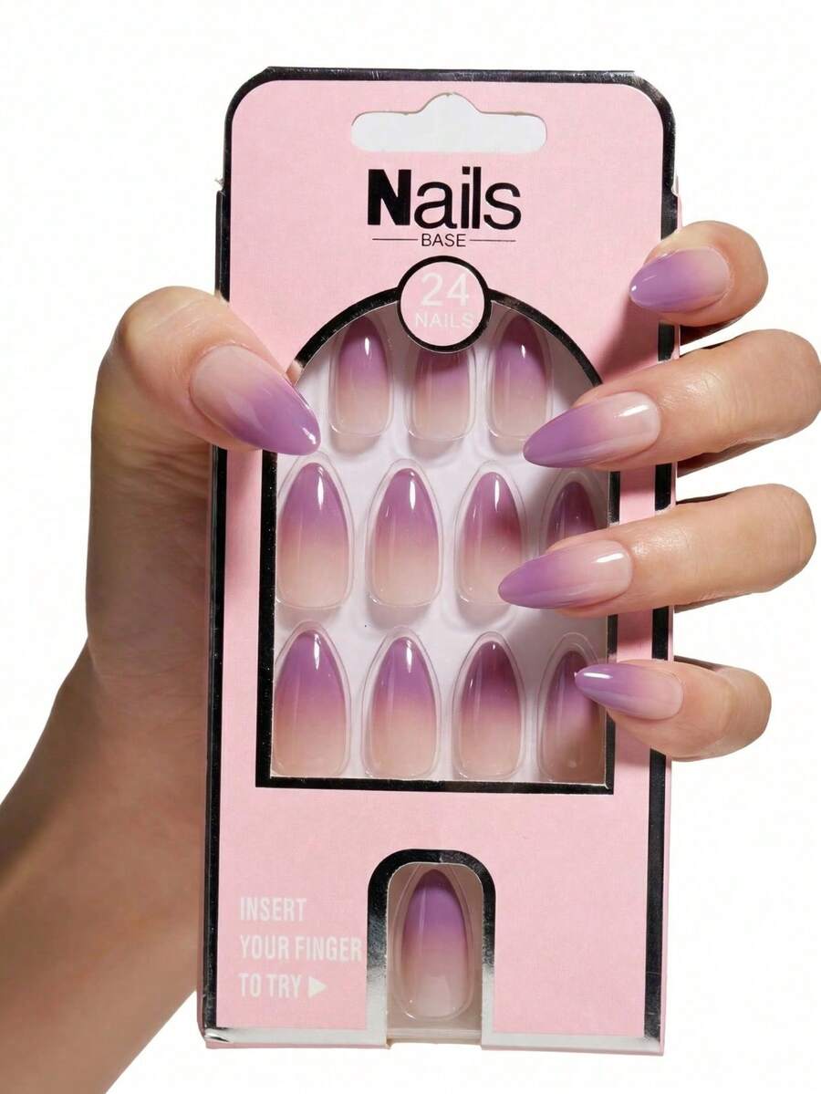 24pcs Purple & Pink Ombre Nail Stickers Set, Includes 1 Gel Polish And 1 Nail File, Removable Nail Art Decals Suitable For Women & Girls To Wear On Parties, Dances And Daily Occasions - Multicolor - View 1