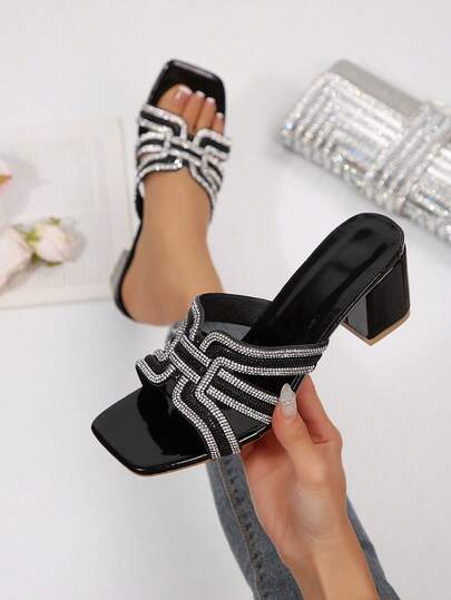 New Plus Size Women's Simple Comfortable Versatile Square Toe Hollow Out Rhinestone H Strap Thick Heel High Heels, Fashionable For Party, Elongates Leg Curve, Elegant Holiday Casual Beach Summer Sandals