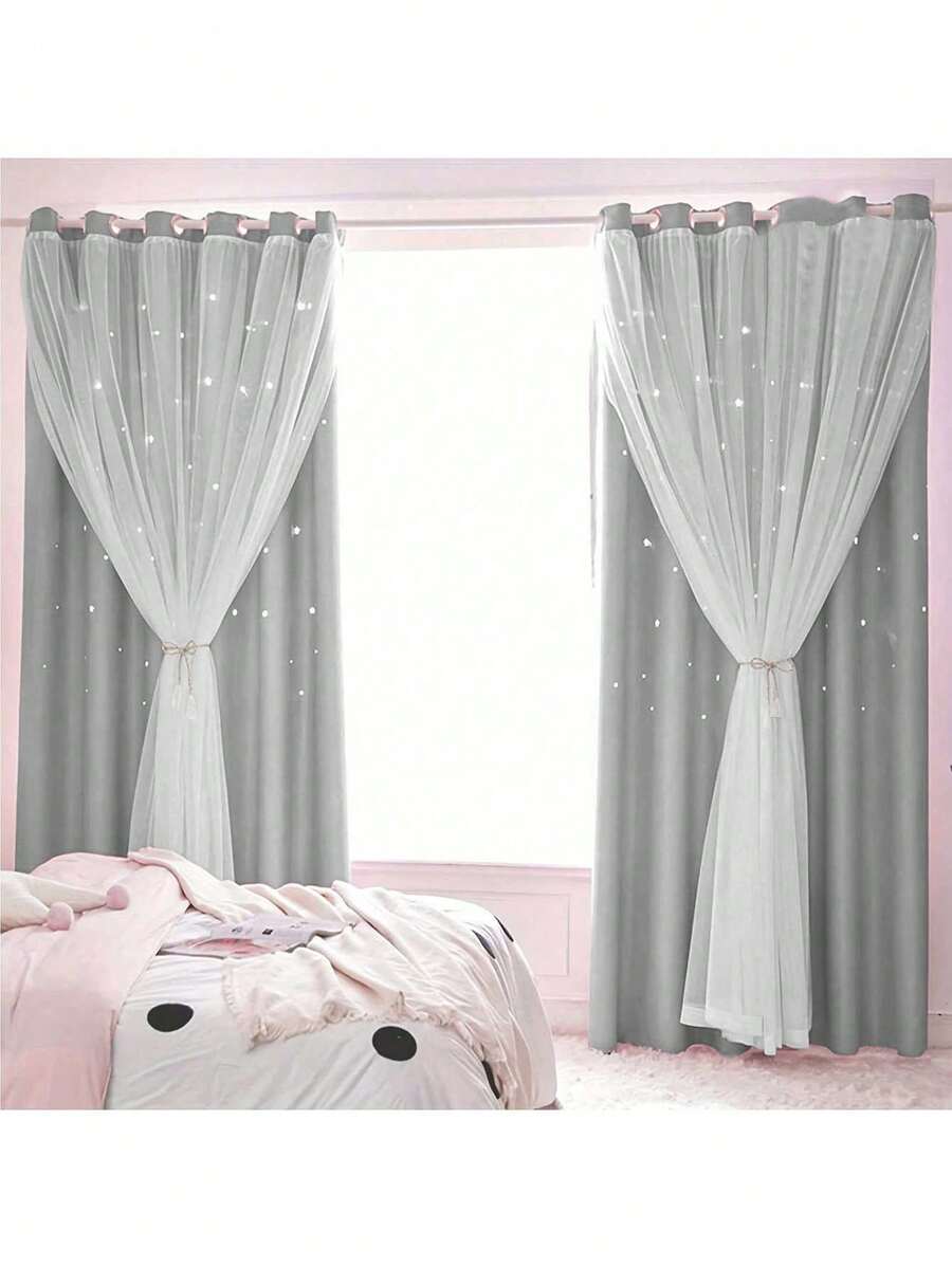 1pc Hollow Star Double-Layer Voile Curtain, Top Grommet Curtain With Cute Perforated Star Design, Sheer Curtain For Bedroom, Living Room, Themed Room, Holiday Party Decor - Grey - View 1
