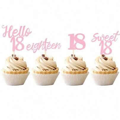 Bộ 12/24 phụ kiện trang trí bánh cupcake lấp lánh chủ đề "Sweet 18 Hello 18" cho tiệc sinh nhật lần thứ 18, màu vàng hồng.