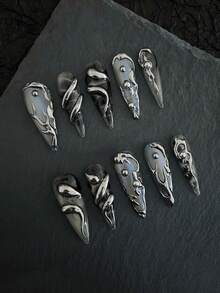 10片哥特风手工美甲贴片，3D手绘假指甲，奢华复古杏仁形长指甲，优雅女孩礼物，可重复使用，适合日常佩戴和派对场合 - 彩色 - 查看 10