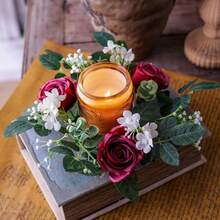 Flower Wreath Candle Rings Decorative Rose Wreath Pillar Candle Garland For Home Dining Table - Burgundy - View 3