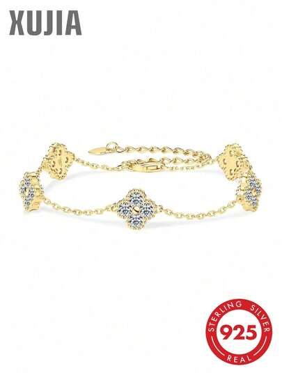 XUJIA 1pc 925 Sterling Silver Four-Leaf Clover Women's Fashion Bracelet, 3mm*20pcs Round Moissanite Lucky Pendant, Sweet Valentine's Day Gift For Girlfriend/Wife