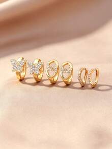 3 Pairs Fashionable Gold Fully Paved Cubic Zirconia Earrings, Butterfly S-Shape Pave Design Hoop Earrings, Luxury Niche Elegant Commuter Versatile Earrings, Suitable For Daily Wear, Holidays, Birthdays, Anniversaries As Gifts For Girlfriend - Gold - View 5