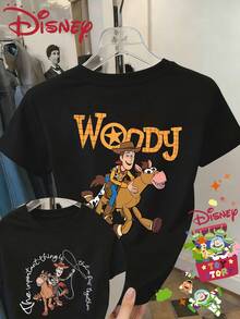 Disney Summer Clothing Woody Riding Western Style Double-Sided Printed Round Neck Short Sleeved Women's T-Shirt, Versatile Retro Casual Sexy Cute Vacation Style, Suitable For Outdoor Wear - màu đen - Xem 1