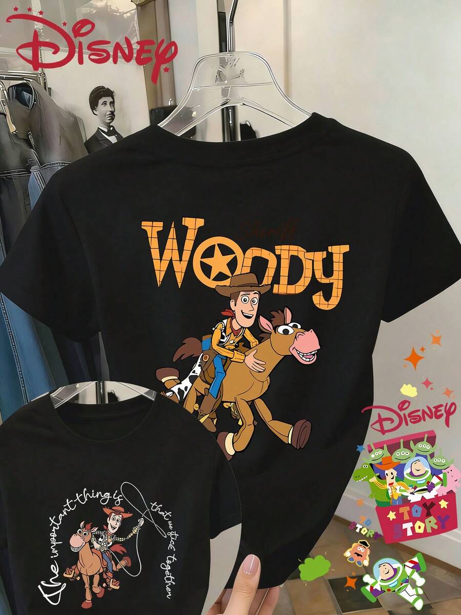 Disney Summer Clothing Woody Riding Western Style Double-Sided Printed Round Neck Short Sleeved Women's T-Shirt, Versatile Retro Casual Sexy Cute Vacation Style, Suitable For Outdoor Wear - màu đen - Xem 1