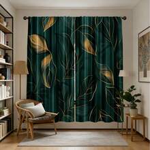 2 piezas de tela de cortina de poliéster con estampado de hojas verdes, adecuada para la decoración estacional del hogar, la sala de estar y el dormitorio - Multicolor - Ver 12