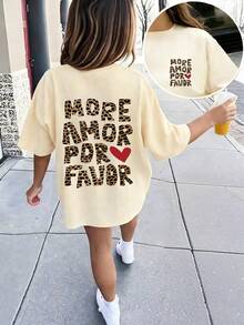 adolecent Girl "PLUS D'AMOUR S'IL VOUS PLAÎT" T-shirt graphique, tissu doux et confortable, convient aux sports de plein air des filles, aux tenues décontractées, au style de rue, au style campus, au Top décontracté à la mode pour filles au printemps/été - Nude - Voir 7