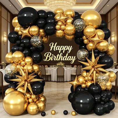 Bộ vòng hoa bóng bay màu đen và vàng 118 món, kèm theo bóng bay hình ngôi sao 22 inch có thể nổ, thích hợp trang trí đám cưới, sinh nhật, kỷ niệm, tốt nghiệp, ngày lễ, lễ kỷ niệm, năm mới, trang trí trong nhà và ngoài trời.