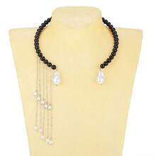 Dây chuyền cổ choker bằng thủy tinh đen trơn với mặt dây chuyền ngọc trai kim loại, dây chuyền tua rua ngọc trai nhiều lớp sang trọng. - Nhiều màu - Xem 3