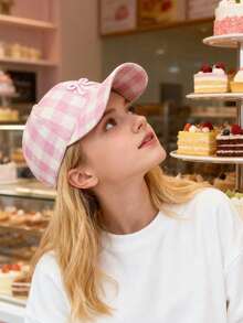 Gorra de béisbol a cuadros para mujer con bordado de lazo lindo, gorra de papá ajustable, sombrero casual transpirable de protección solar para exteriores, viajes y uso diario, playa, festival - A - Ver 6