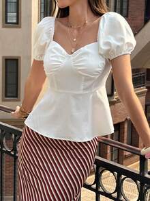 Áo thun trắng thanh lịch cổ choker, chất liệu vải không co giãn, tay ngắn phồng, dáng suông. - trắng - Xem 6