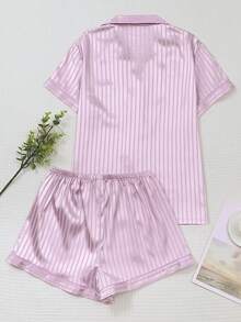 2pcs White Striped Satin Short Sleeve Collared Top And Bow Shorts Pajama Set For Women, Spring/Summer - Pink - View 2