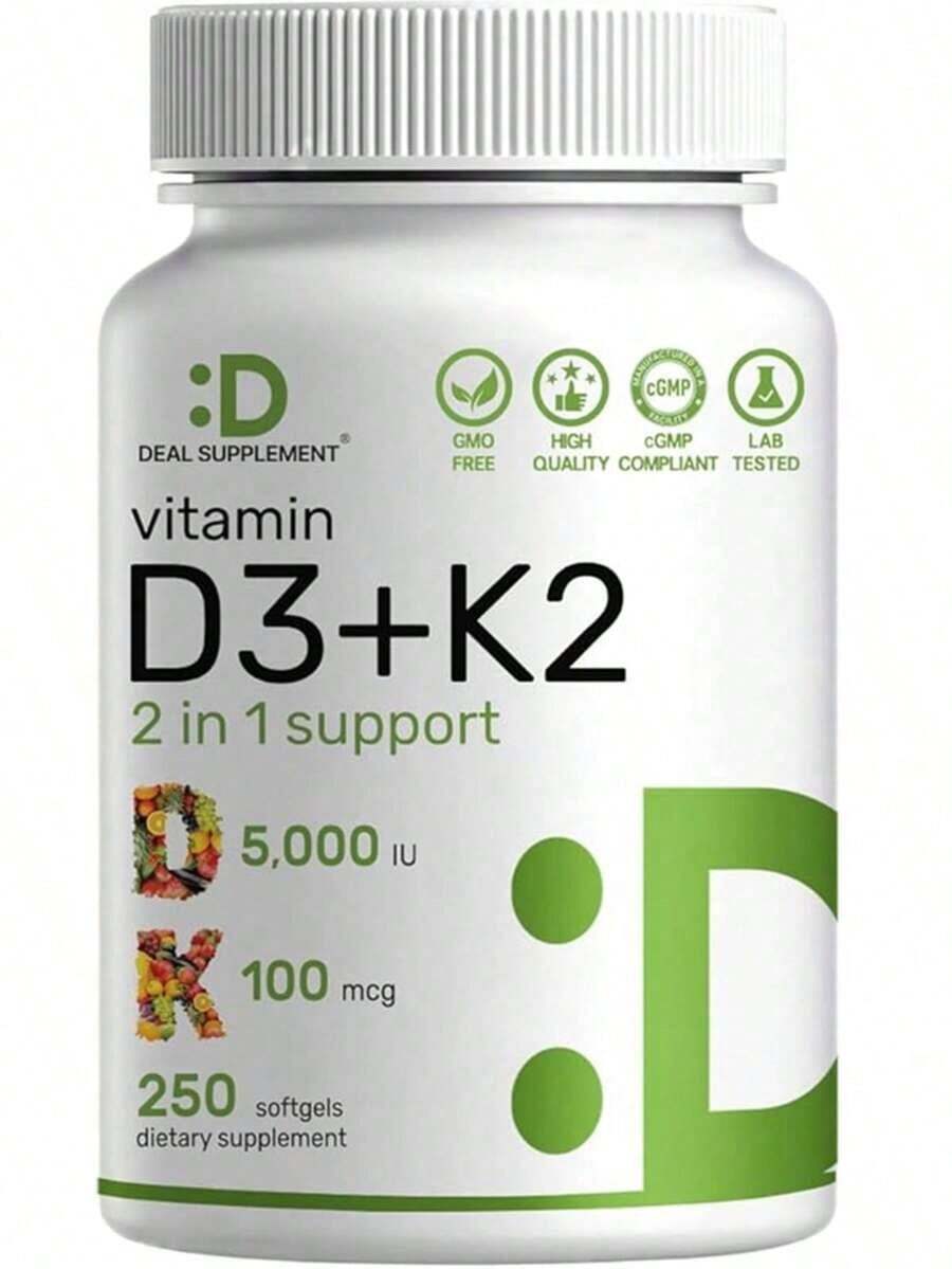 [Mother's Day Gift For Mom]Vitamin D3 5,000 + K2 MK7 Softgels, 250 Count| 2-In-1 Complex| Supports Heart, Bone, Teeth & Immune Health| Easy To Swallow - Cơm xanh 1 - Xem 1