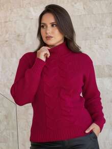 Women's Cold Temperature Sweater High Neck Wool Puff Sleeve Knitted Tricot Braids - Cherry Pink - View 9