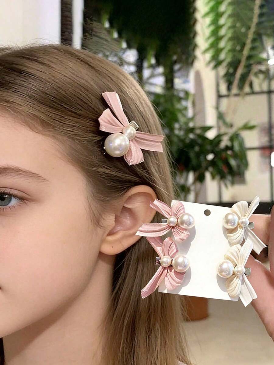4 piezas Clips para el cabello con lazo de perla suave, Clips para flequillo lateral estilo niña, Clips para el cabello de alta gama, Clips para el cabello de satén francés - Multicolor - Ver 1