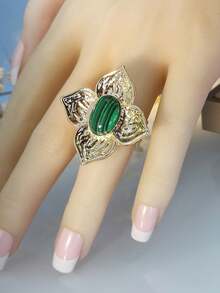 1 chiếc nhẫn thời trang hình bầu dục phóng đại đính đá quý màu xanh lá cây bằng nhựa, họa tiết hoa và cỏ ba lá dành cho nữ - Phong cách 2 - Xem 2