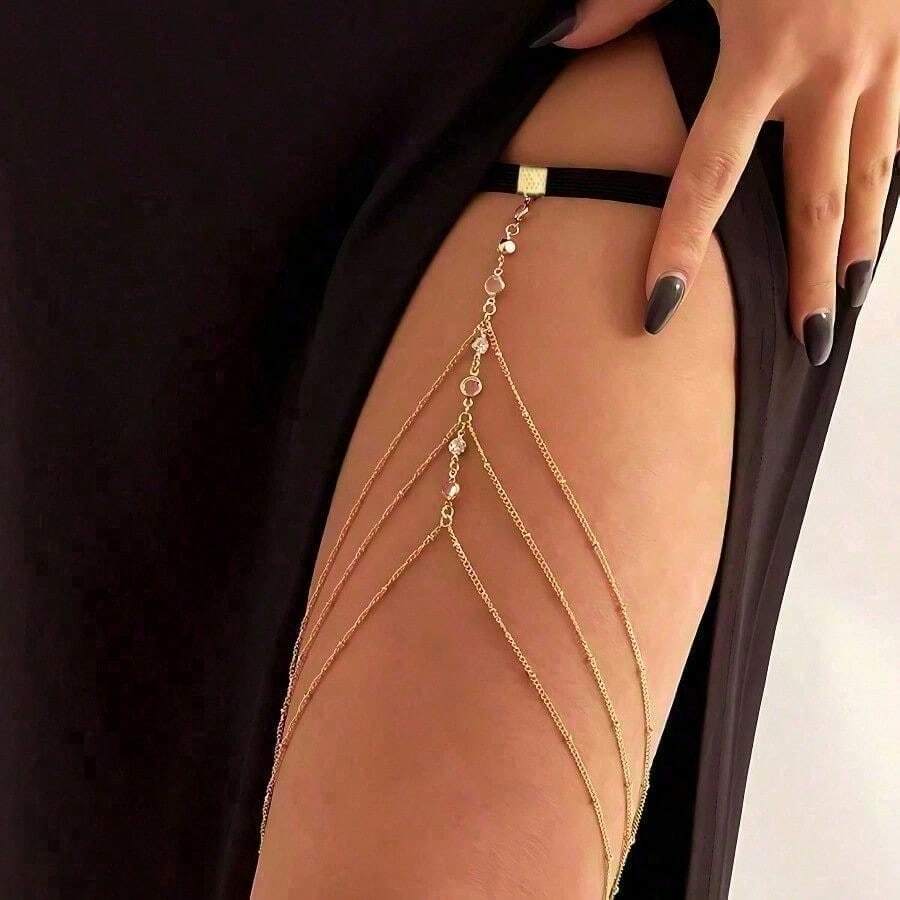 1pc Women's Rhinestone Leg Chain, Durable Alloy Design, Year-Round Luxury Accessory, Perfect Gift For Formal & Daily Wear - Gold - View 1