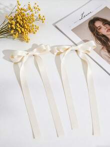 2pcs Women's Ballet Style Pale Yellow Long Ribbon Hair Clips, Fairy Bowknot Hair Accessories, Fashionable Delicate Cute Hair Clips Suitable For Dates, Vacations, Travels, Parties,Summer,Holiday, Head Accessories - Yellow - View 14