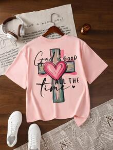 Women's Pink Pattern Short Sleeve T-Shirt With Cross And Heart Print, Loose Fit, Fashionable Versatile Crew Neck Top For Summer Casual - Pink - View 2