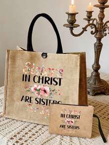 Bolso de lino con estampado de letras "Hermanas en Cristo para Siempre", bolso de mano, bolso de playa, bolso de almacenamiento de viaje, bolso de compras, bolso de cosméticos, bolso de almacenamiento de accesorios, bolso de papelería, bolso de mano del Día de la Diosa, reutilizable, regalo para seres queridos, regalo del Día de la Madre y Día de la Diosa, bolso de regalo personalizado, adecuado para bodas, cumpleaños - Multicolor - Ver 9
