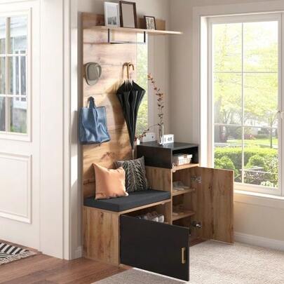 Wardrobe Set Containing 4 Hooks, A Mirror, A Shoe Cabinet, Wall Hangers, A Top Shelf, And A Xuangguan Bench. (This Is Not An All-In-One Product; Drilling And Punching Into The Wall Is Required.)