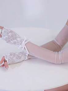 Mesh Lace Splice Sleeve Cuffs, Ruffle Trim Bow Decor, Sheer See-Through Design, Pleated Silhouette Flattering Arm, Sun Protection & Fashionable! Suitable For Daily Wear, Lolita, Wedding Dress, Spring/Summer Styling - Multicolor - View 6