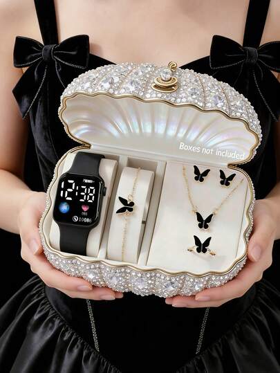 6/5 piezas Nuevo reloj digital LED cuadrado elegante y lindo para mujer, adecuado para usar con joyas de mariposa como collares, pulseras, aretes, anillos, perfecto para fiestas, reuniones, cumpleaños, festivales, también un regalo ideal para amigos, madres, novias en el Día de la Madre, temporada de regreso a clases, temporada de bodas