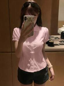 甜美法式风白色荷叶边领花瓣袖衬衫，夏季时尚设计，收腰修身，百搭系带短袖上衣，粉色 - 粉色 - 查看 6