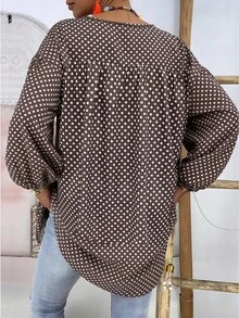 復古波點女款棕色前綁帶上衣，寬鬆燈籠袖，優雅浪漫度假風，休閒通勤旅行波點襯衫 - 深棕色 - 查看 3