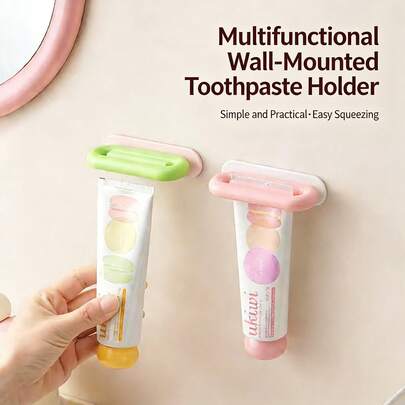 1 Set Green/Pink Wall-Mounted Toothpaste Holder, Multi-Functional Bathroom Soap Dispenser, Wall-Mounted Storage, Waterproof Toothbrush Holder, Simple & Practical, Easy Squeeze