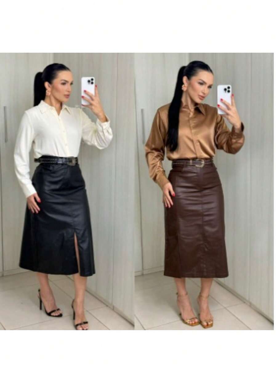 Resin-Coated Midi Skirt (Leather Effect) – Elegance And Power In One Look! The Perfect Piece For Those Who Love A Modern, Sophisticated, And Bold Style! - Rỉ Nâu - Xem 1