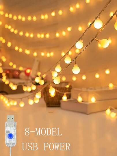 Dây đèn LED 10/20/30/40 bóng, dài 1.5/3/4.5/6m, màu trắng, hình cầu, chạy bằng USB, 8 chế độ chiếu sáng, thích hợp trang trí phòng ngủ, nhà cửa, tiệc tùng, tạo không gian ấm cúng, nhiều màu/trắng ấm.
