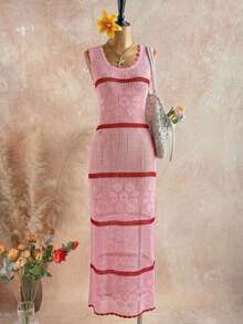 Áo len dài cổ tròn không tay, kiểu dáng thường ngày, hơi xuyên thấu, thích hợp mặc ngoài cho nữ. - Hồng - Xem 7