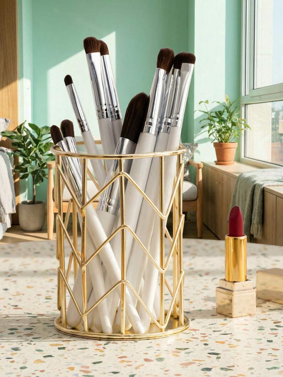 1pc Metal Hollow Pen Holder, Minimalist Style Cosmetic Storage - Multicolor - View 1