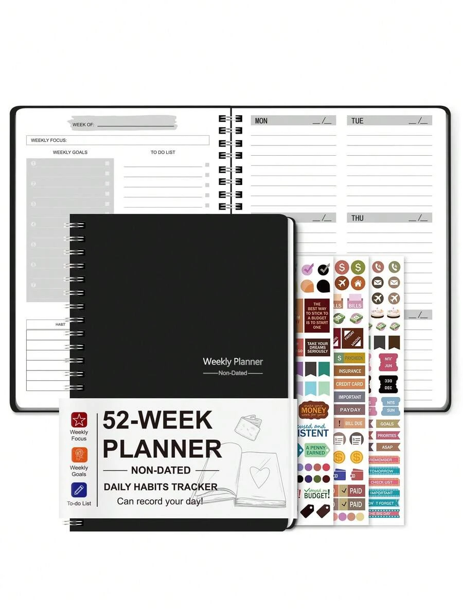 A5 Weekly Planner With Stickers, 52 Weeks Spiral Weekly Daily Notebooks With Habit Tracker, To Do List & Sticker Set For Productivity & Organization, School Office Supplies Teacher Appreciation Gift Mother's Day - Black - View 1