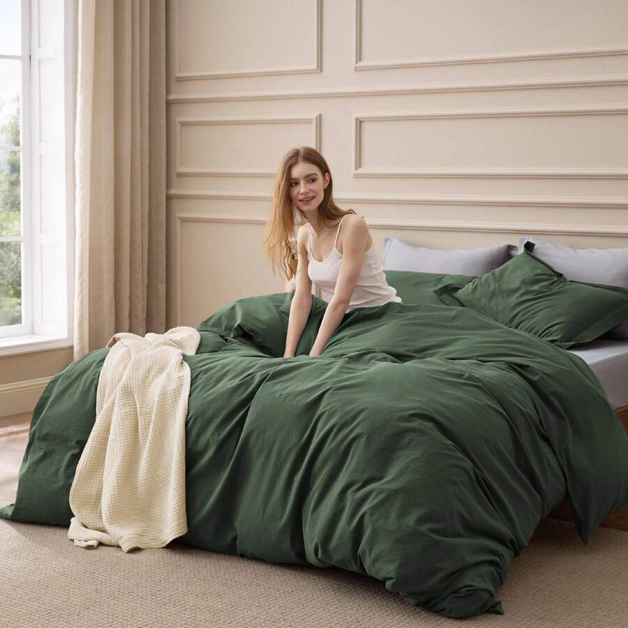 Bedsure Mother's Day 100% Washed Cotton Duvet Cover - Minimalist Cotton Duvet Cover Set Linen Like, For Spring Decor, Room Decor, Home Decor, Mothers Day Gift - ô liu xanh - Xem 1
