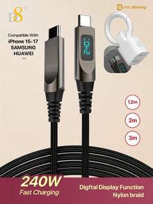 D8 240W PD Super Fast Charging Type-C To Type-C Cable, USB C To USB C With HD Digital Display (Shows Voltage/Current), Nylon Braid (5000+ Bends, Anti-Tan Gle/Wear-Resistant), 40Gbps Data Transfer & 8K Video Support. Compatible With Pro/Air, Phone 17 16 15 Series, Mate70 Series, Pro/Air, S A Ms Un G S24 Series, 8, D Ell XPS/ Thi Nk Pad. - Multicolor - View 3