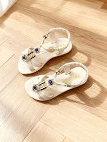 Giày sandal kiểu La Mã cho bé gái, giày công chúa đính đá màu xanh dương cho trẻ em, giày đi biển đế mềm chống trơn trượt cho mùa hè. - Màu be - Xem 2