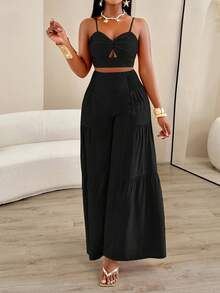 AIJ Women's Summer Vacation Twist Camisole + Pleated Wide Leg Pants 2 Pieces Set Black - Black - View 1