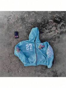 Printed Hoodie Cardigan Jacket Hooded - M Blue - 查看 2