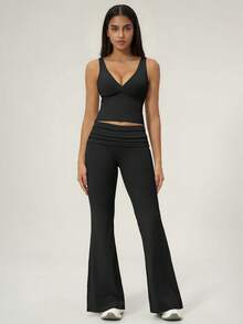 TimeOff 1 Set Women's Solid Color V-Neck Backless Removable Padded Camisole And Flared Leg Pants Sports Suit - Black - View 8