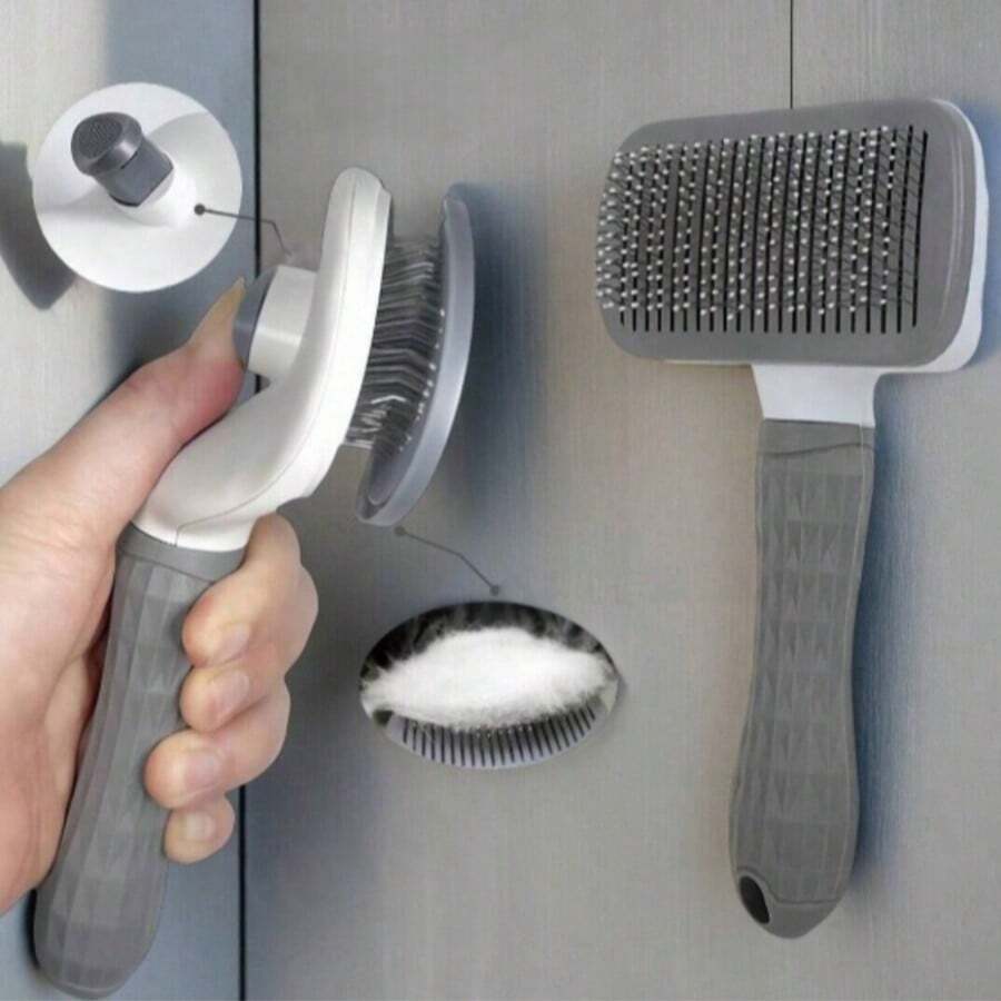 1 pieza Cepillo para mascotas de autolimpieza, púas de acero inoxidable curvadas, cepillo de desensedado de mascotas con un solo botón, elimina eficazmente el pelo de las mascotas, adecuado para el cuidado diario y festivo de gatos y perros