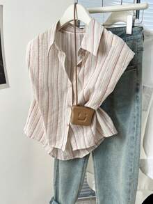YUXIN Áo kiểu nữ không tay dáng rộng kẻ sọc mùa xuân hè, cổ ve áo, có đệm vai, kiểu dáng suông, áo casual thoáng khí dễ phối đồ hàng ngày cho nữ. - Thanh đỏ - Xem 2
