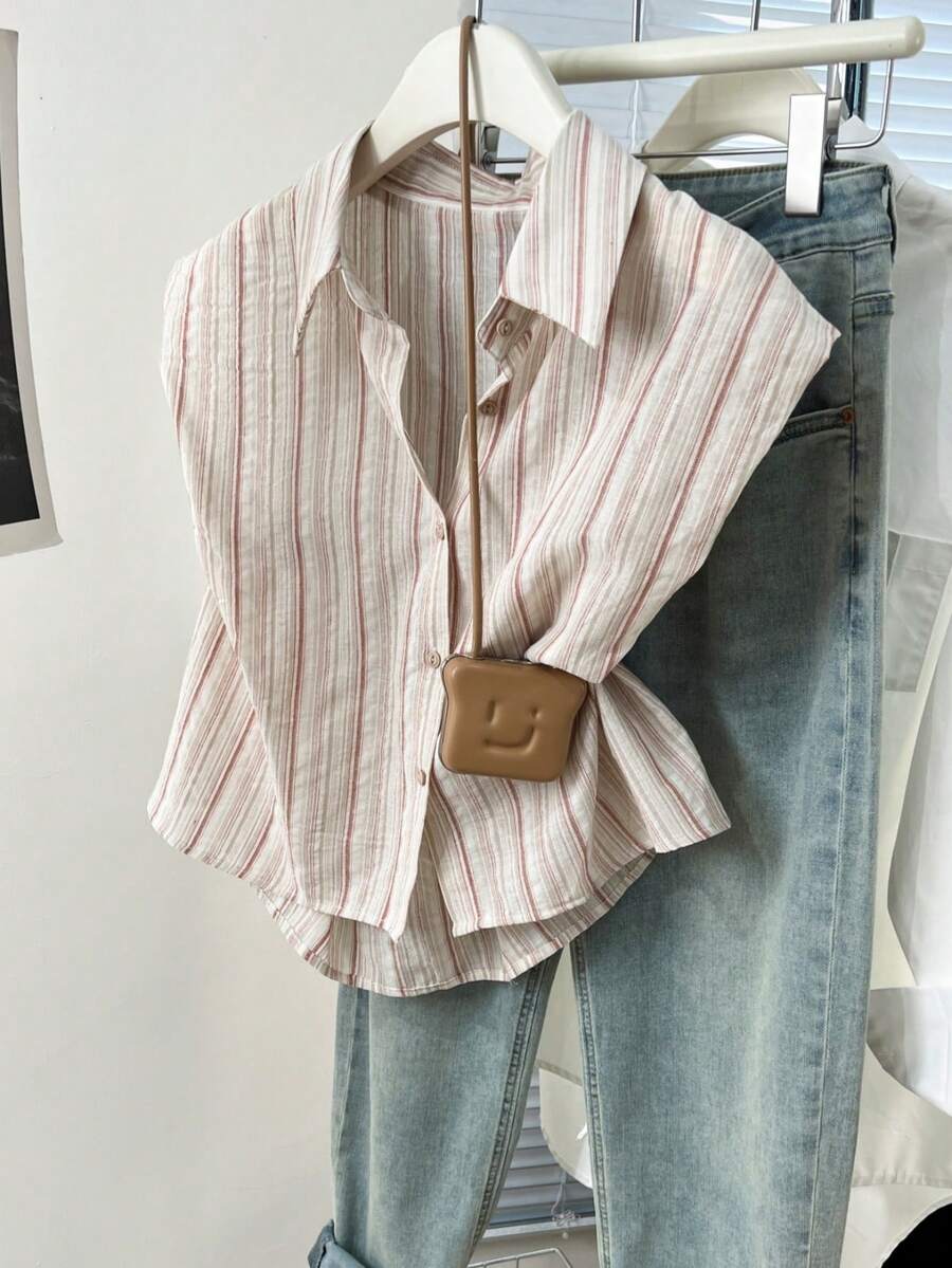 YUXIN Áo kiểu nữ không tay dáng rộng kẻ sọc mùa xuân hè, cổ ve áo, có đệm vai, kiểu dáng suông, áo casual thoáng khí dễ phối đồ hàng ngày cho nữ.