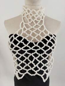 DEKUNER Elegant French Pearl Body Chain - Vintage Pearl String Net Suspender, Romantic Bridal Accessory - White - View 3