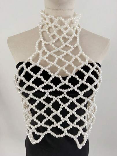 DEKUNER Französische elegante Perlenkörperkette - Vintage Perlen-Mesh-Halter, romantisches Braut-Accessoire
